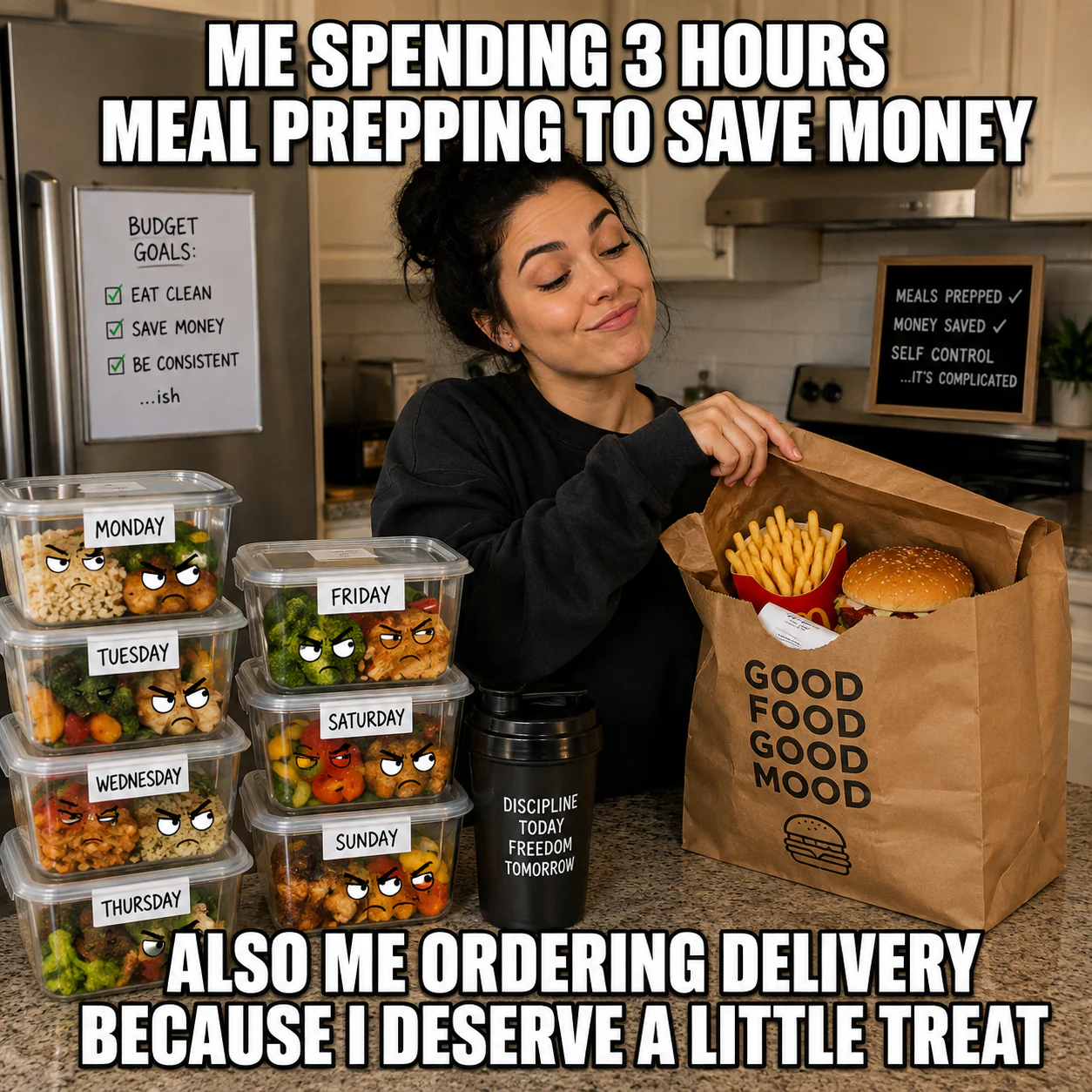 A woman stands beside seven meal-prep boxes while opening a fast-food delivery bag.