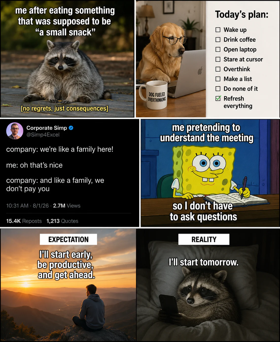 A collage of work, snack, meeting, and procrastination jokes led by an overfed raccoon.