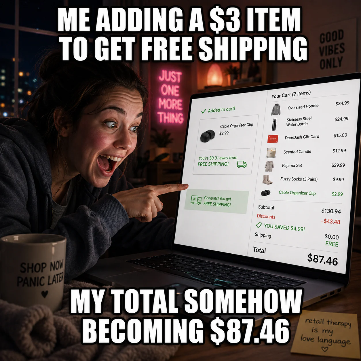 A delighted shopper adds a cheap cable clip while an online cart shows seven items and an 87-dollar total.