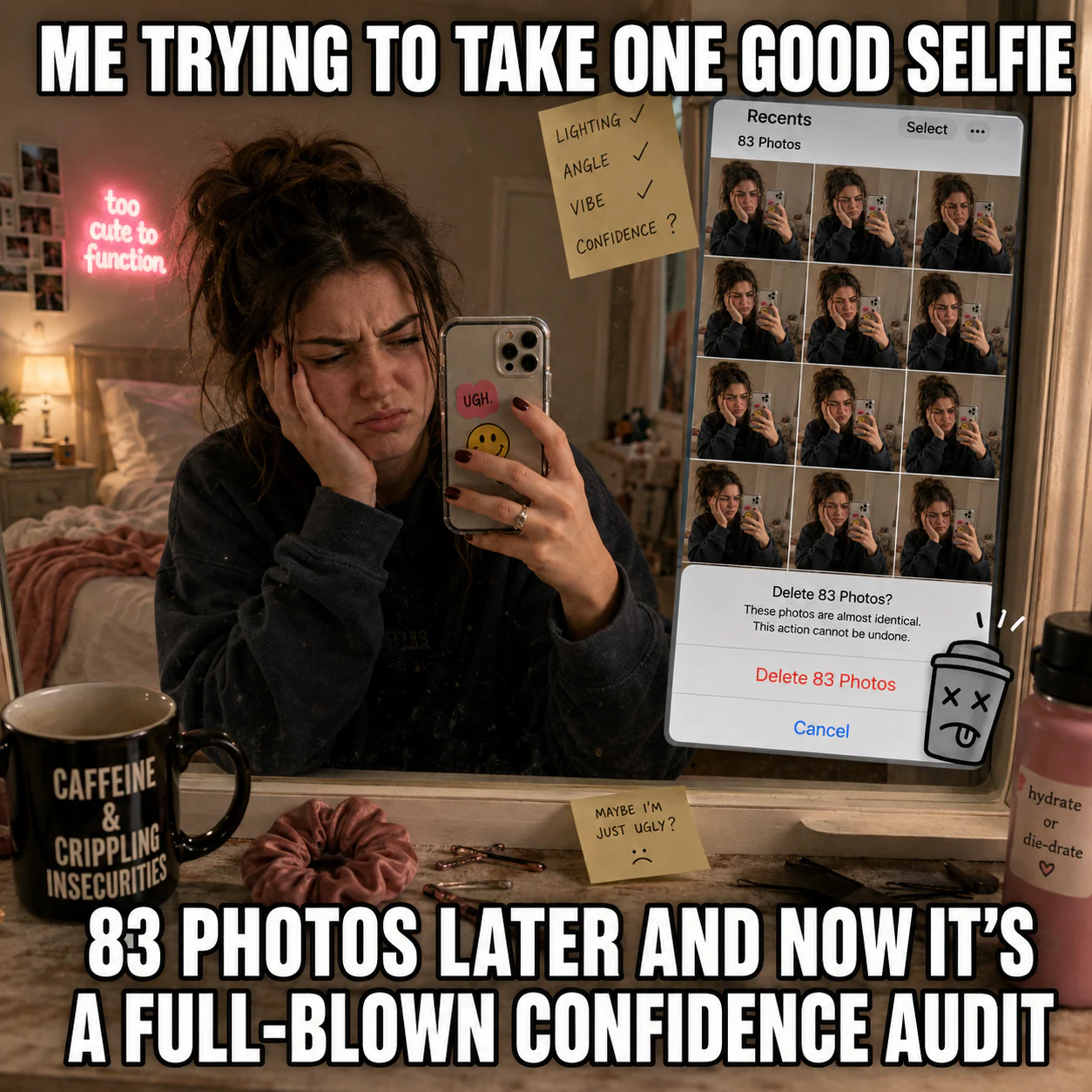 A frustrated woman checks dozens of nearly identical selfies while a delete-83-photos prompt floats beside the mirror.