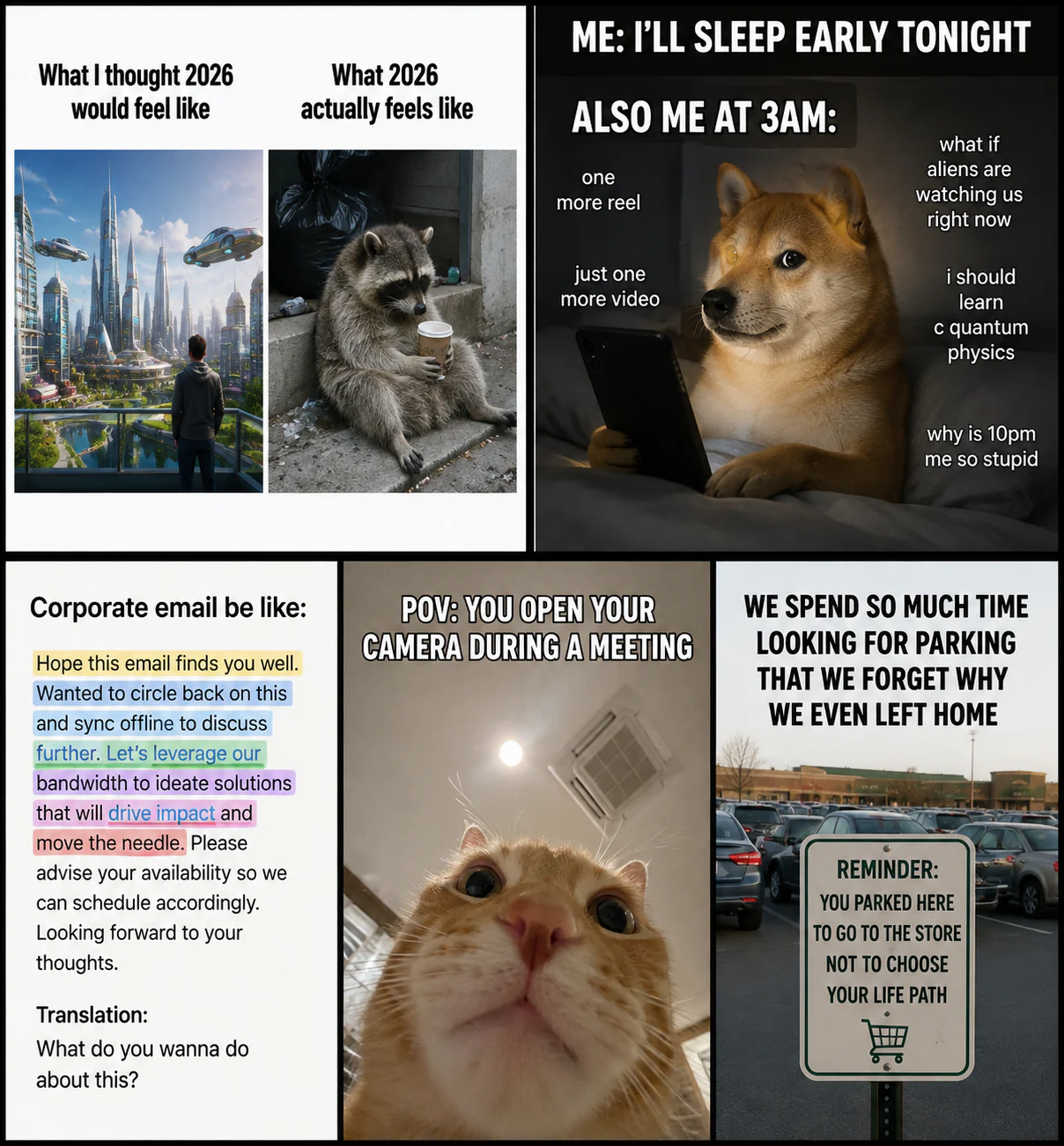 A collage contrasts a futuristic 2026 fantasy with raccoon reality, late-night scrolling, corporate email, meetings, and parking.