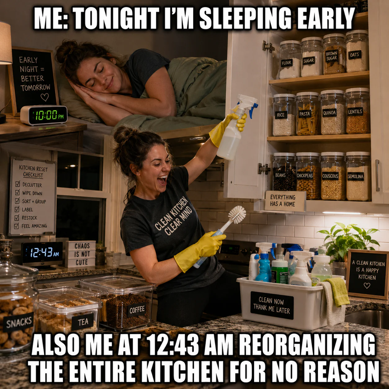 A woman sleeps peacefully in one panel and enthusiastically reorganizes pantry jars after midnight in another.