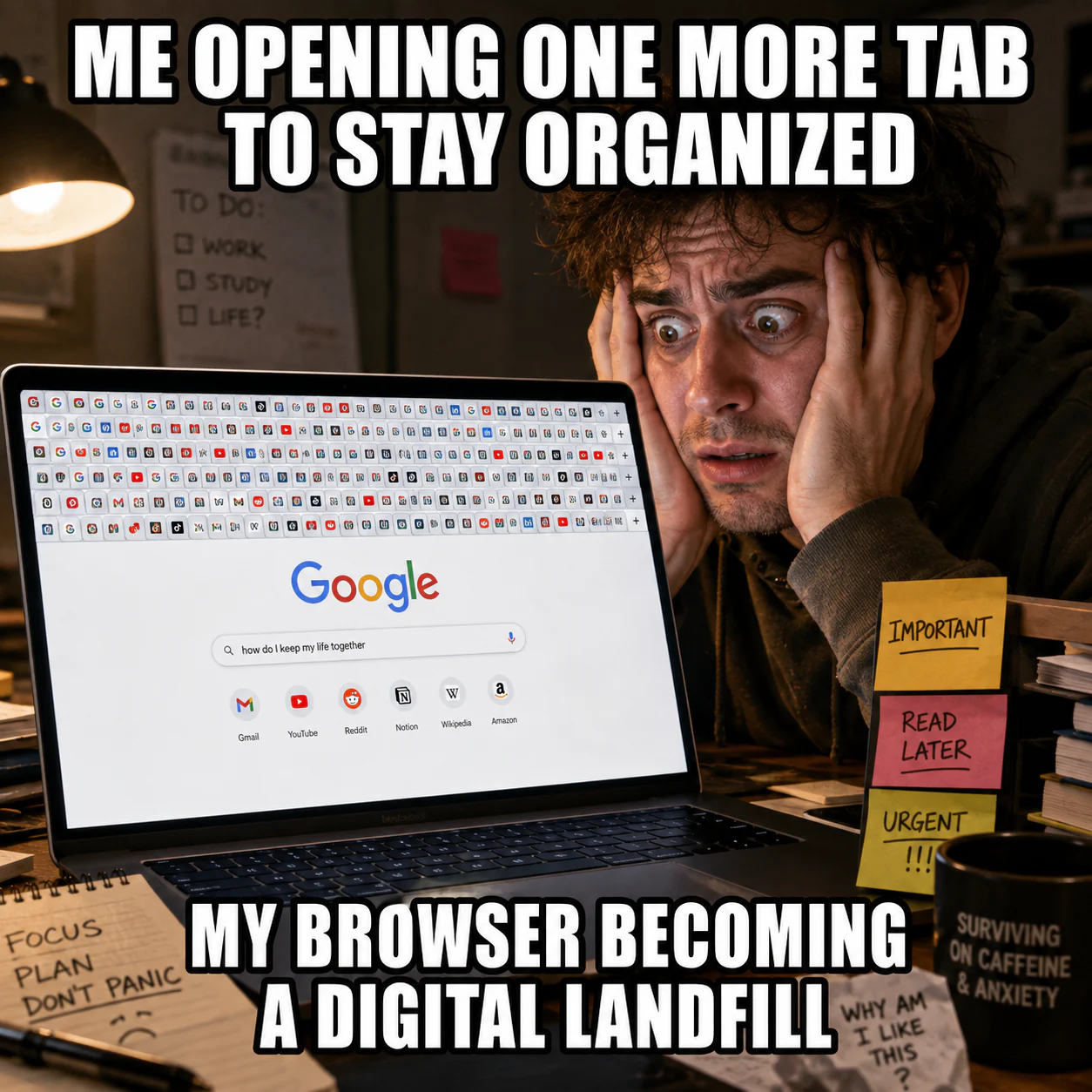 An anxious person looks at a laptop browser filled with an impossible number of tabs.