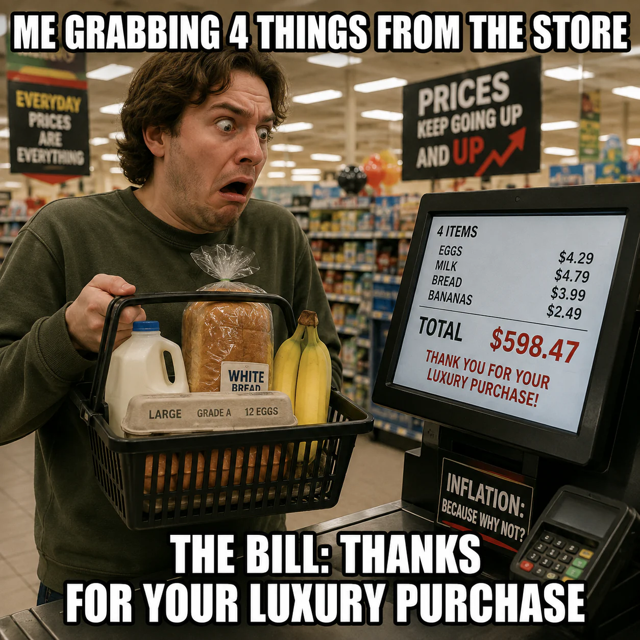 A shocked shopper sees four basic groceries total an absurd 598 dollars at checkout.
