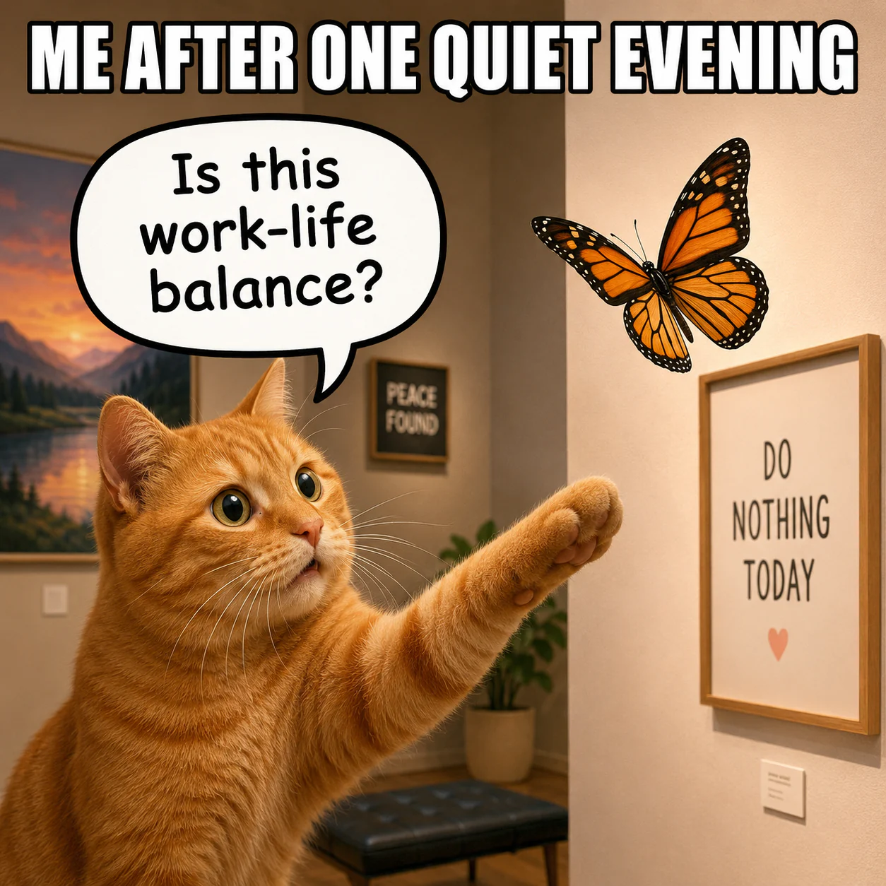 An orange cat reaches toward a butterfly while wondering whether one calm evening qualifies as work-life balance.