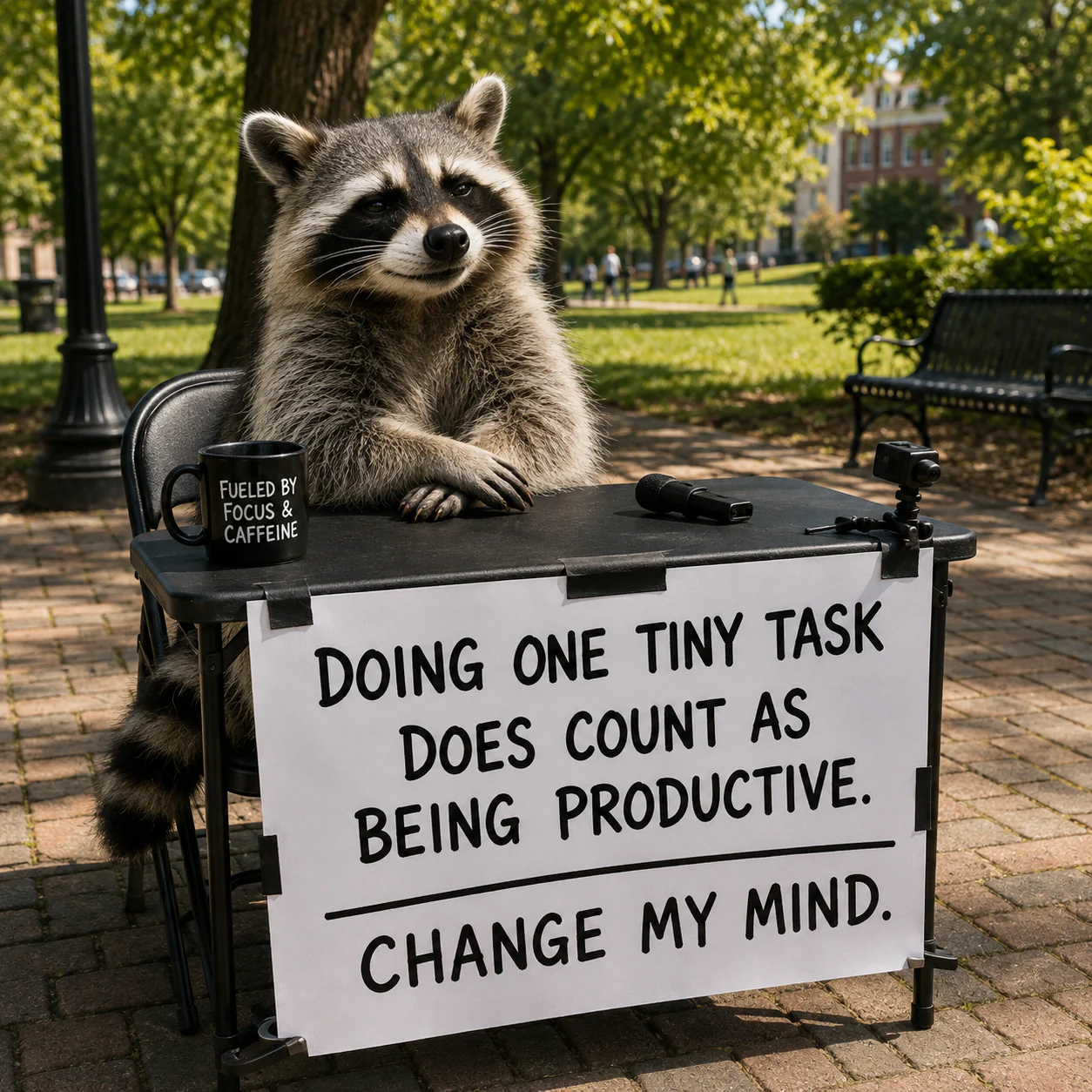 A confident raccoon sits behind a debate sign claiming one tiny task counts as productivity.