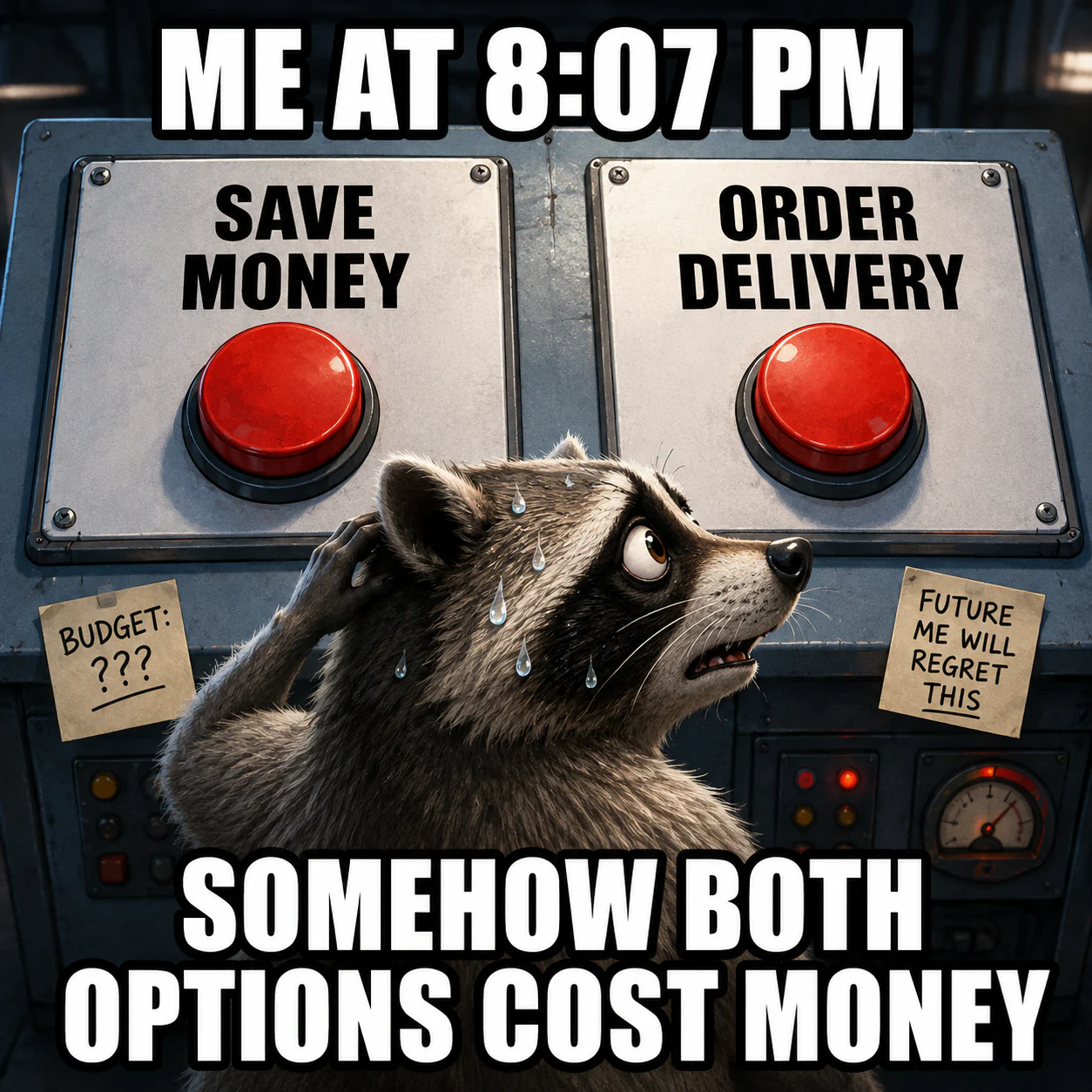 A worried raccoon faces two large buttons labelled save money and order delivery.