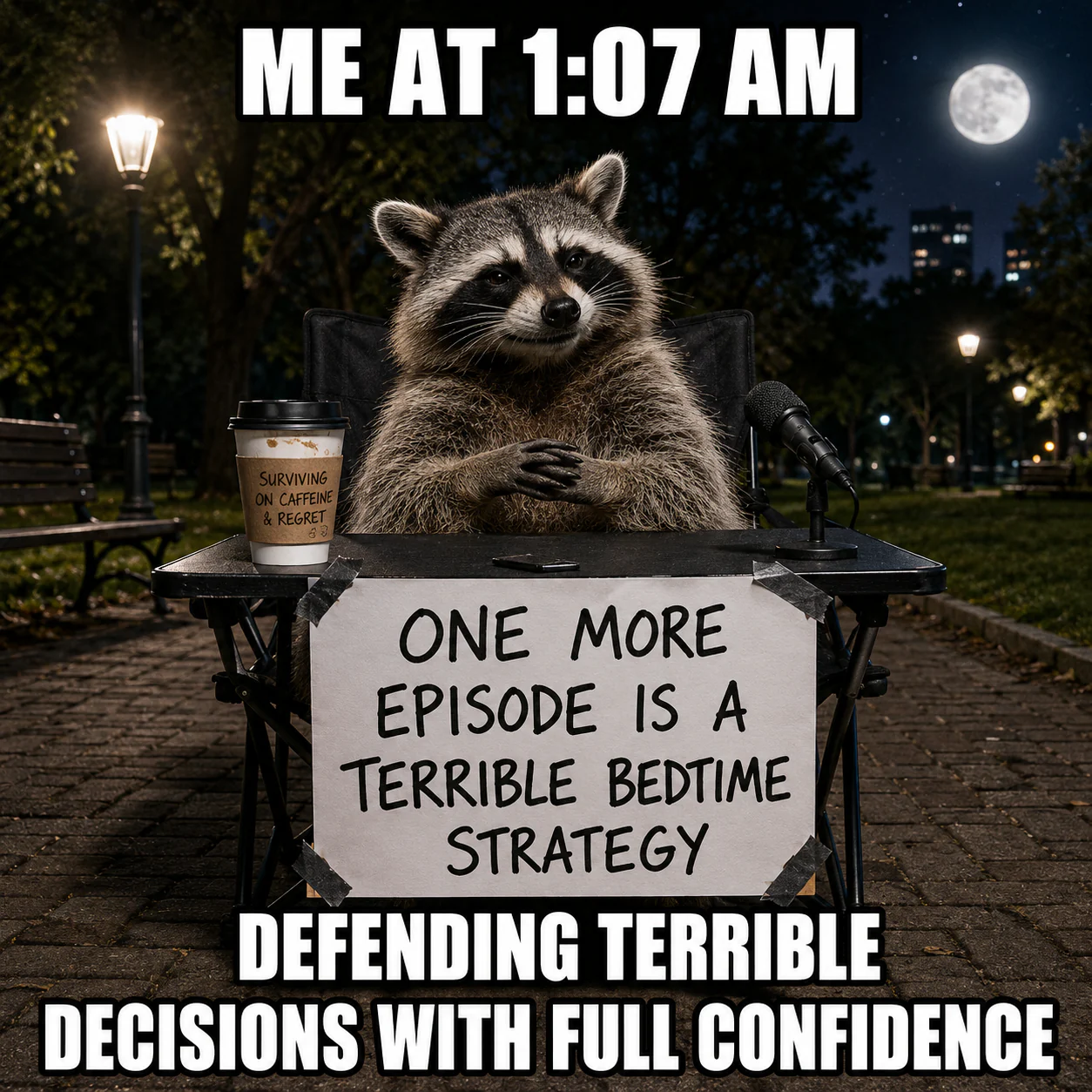 A raccoon at a midnight debate table confidently defends watching one more episode.