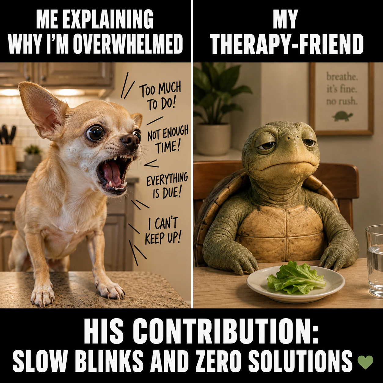 An overwhelmed chihuahua talks beside a calm turtle offering only slow blinks.