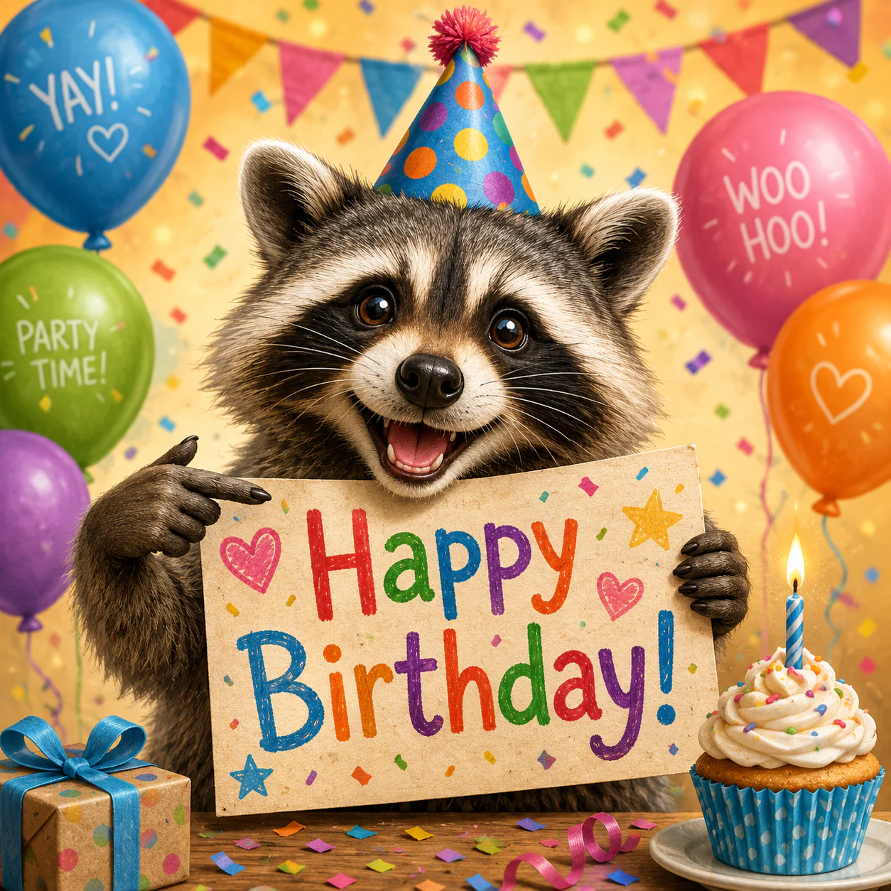 A smiling raccoon in a party hat holds a colourful happy-birthday sign beside balloons, a present, and a cupcake.