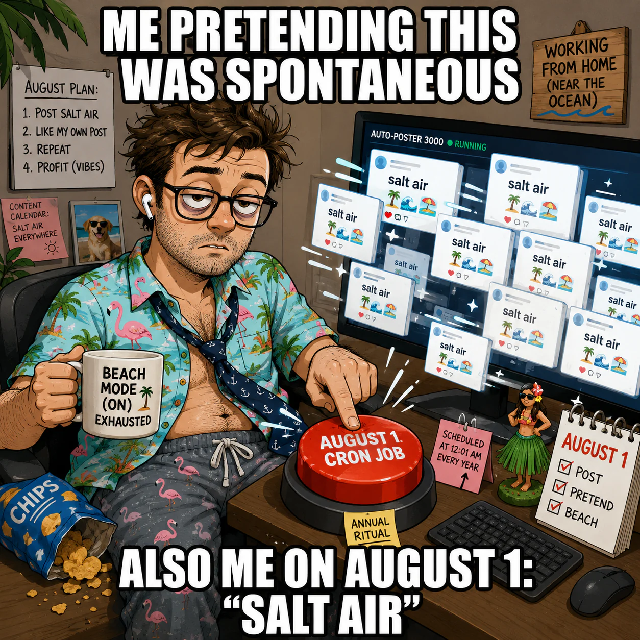 An exhausted social-media operator presses an annual August 1 cron-job button to post salt-air content everywhere.