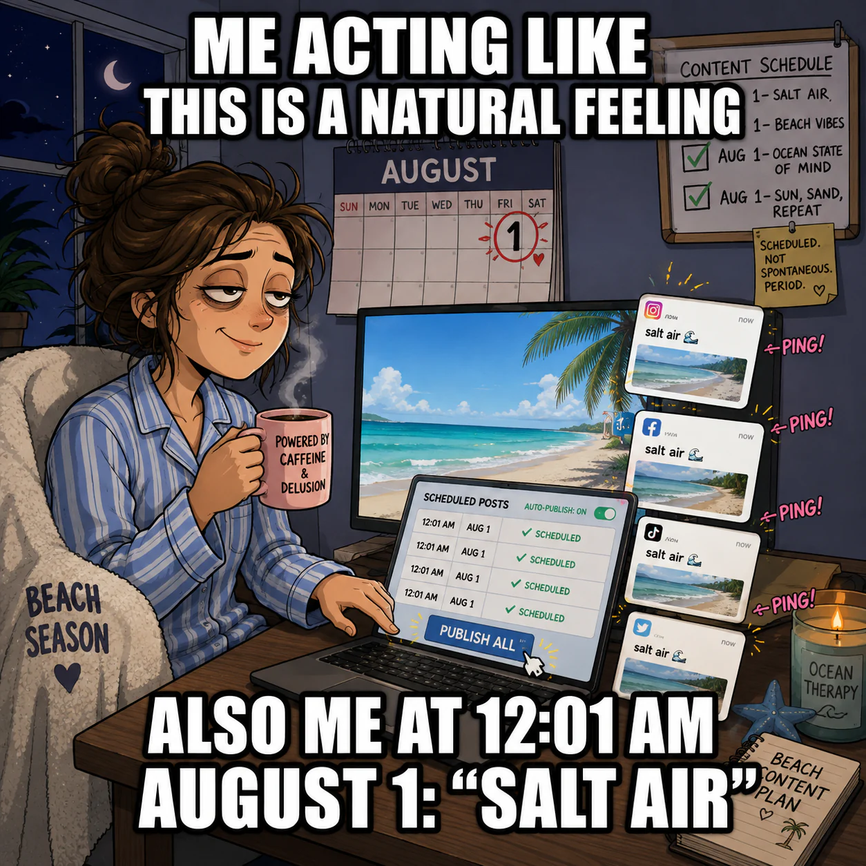 A sleepy creator in pajamas publishes scheduled salt-air posts to every platform at 12:01 AM on August 1.