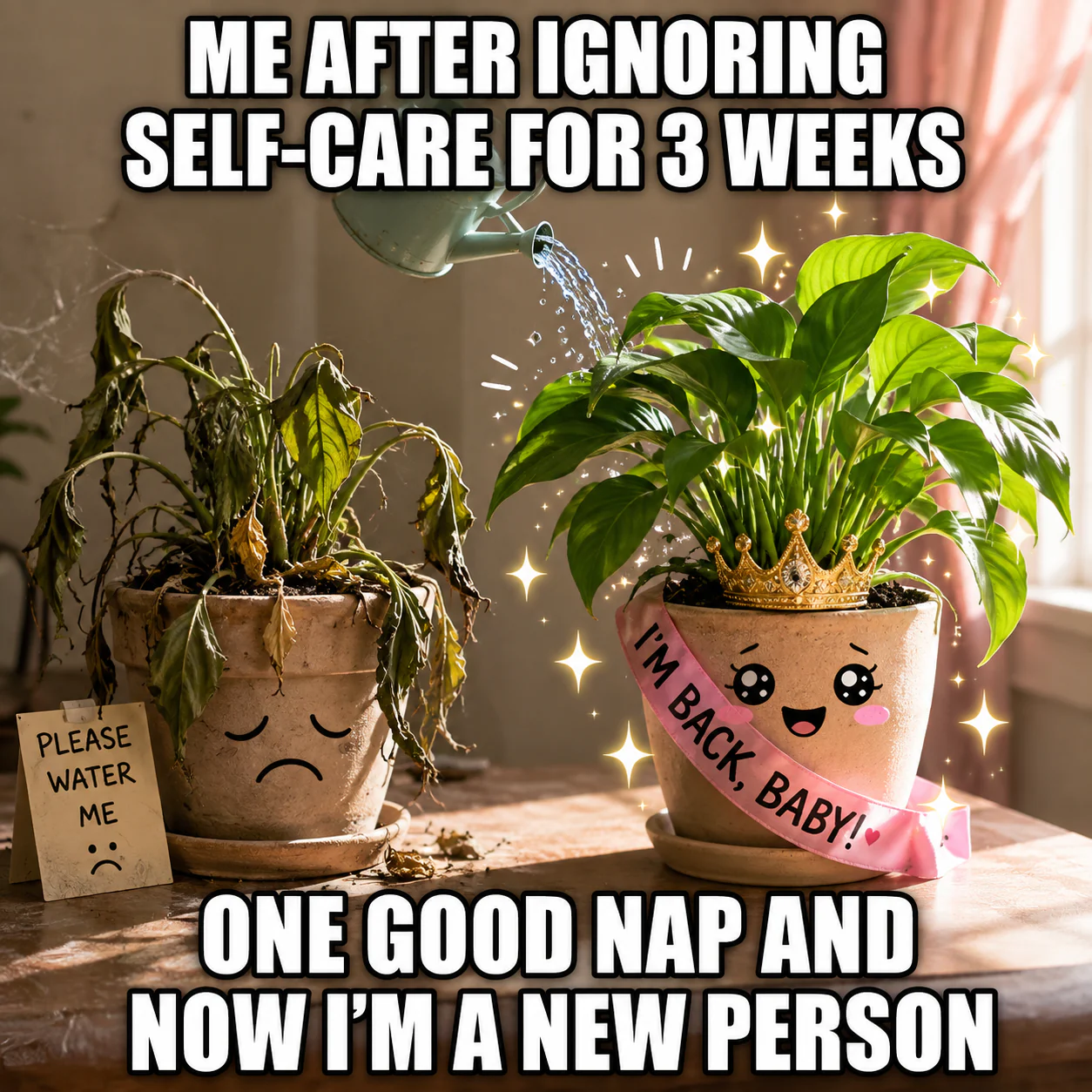 A wilted houseplant becomes sparkling and healthy after being watered, mirroring recovery after one nap.