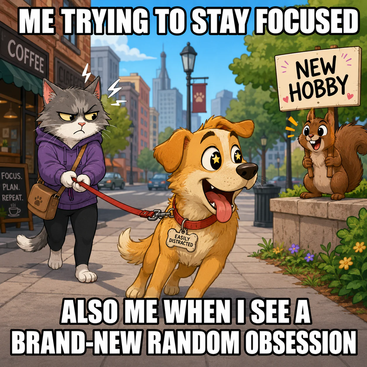 An easily distracted dog pulls toward a squirrel advertising a new hobby while a frustrated cat holds the leash.