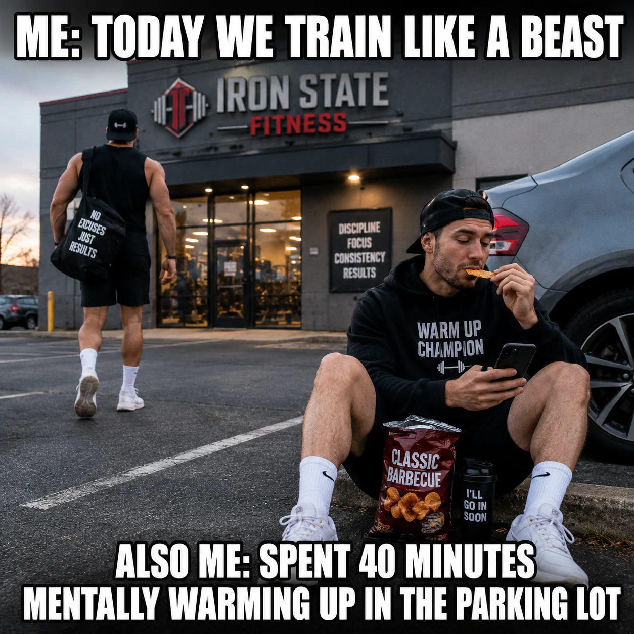 A gym-goer eats chips beside his car while another version of him walks toward the fitness centre.