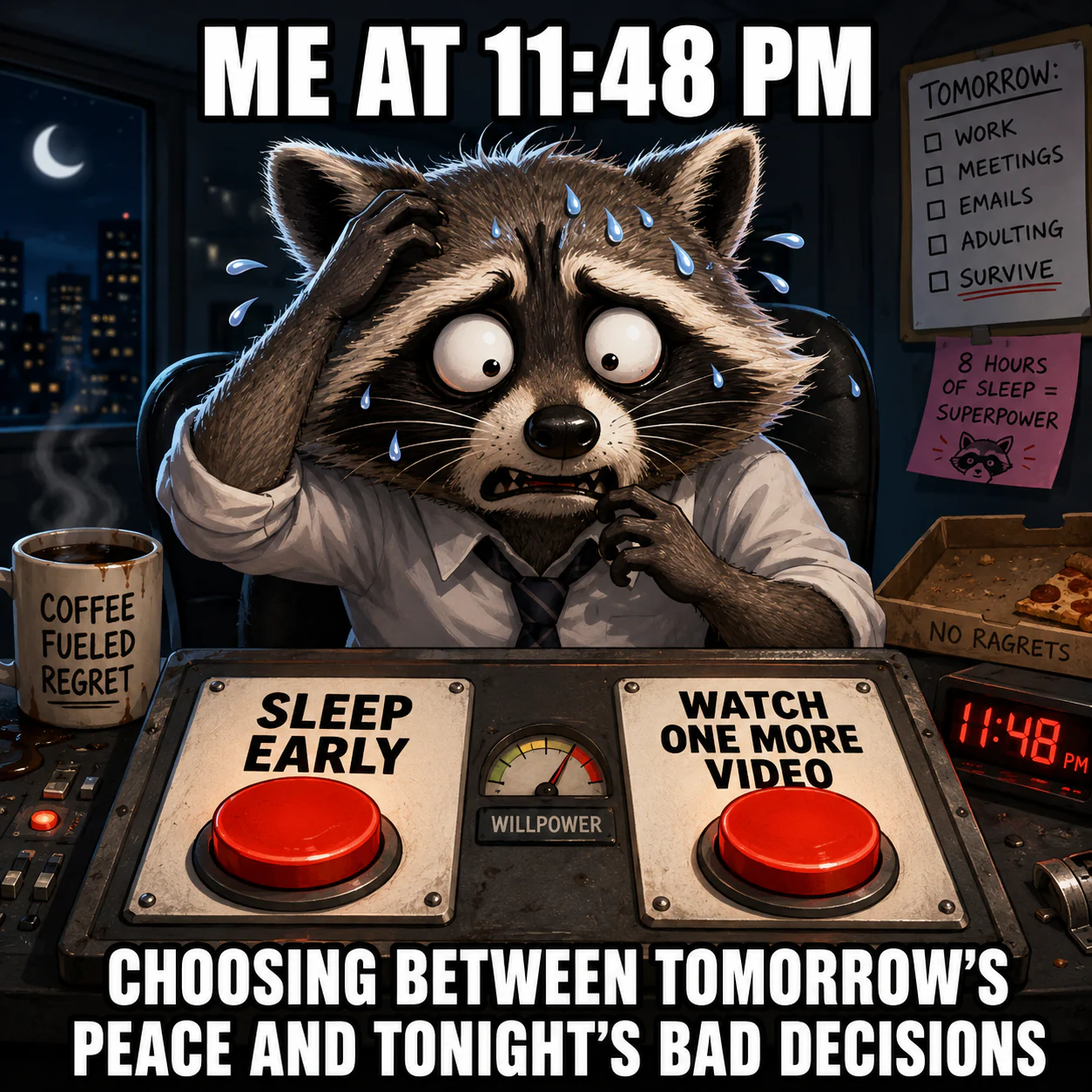 A stressed raccoon sits at a control panel choosing between sleeping early and watching one more video.