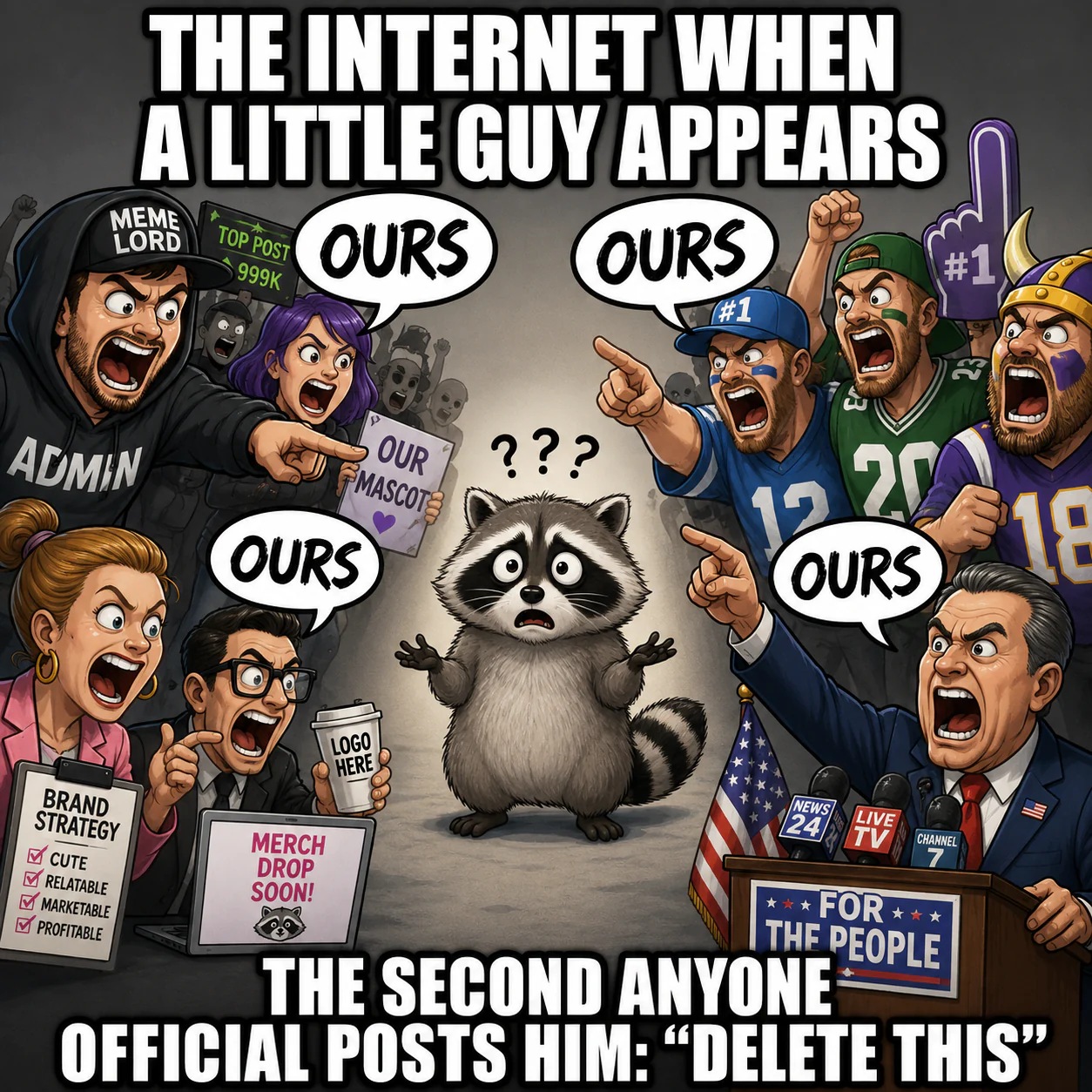 A frightened raccoon is claimed by meme admins, sports fans, brands, and an official political account.
