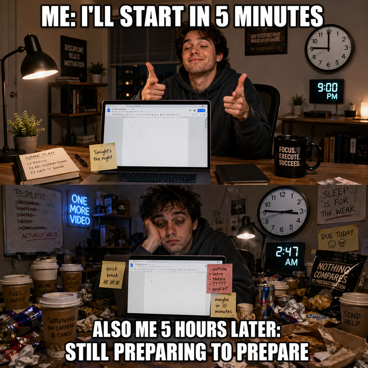 A man points confidently at a blank document, then sits exhausted at 2:47 AM amid coffee and unfinished planning.