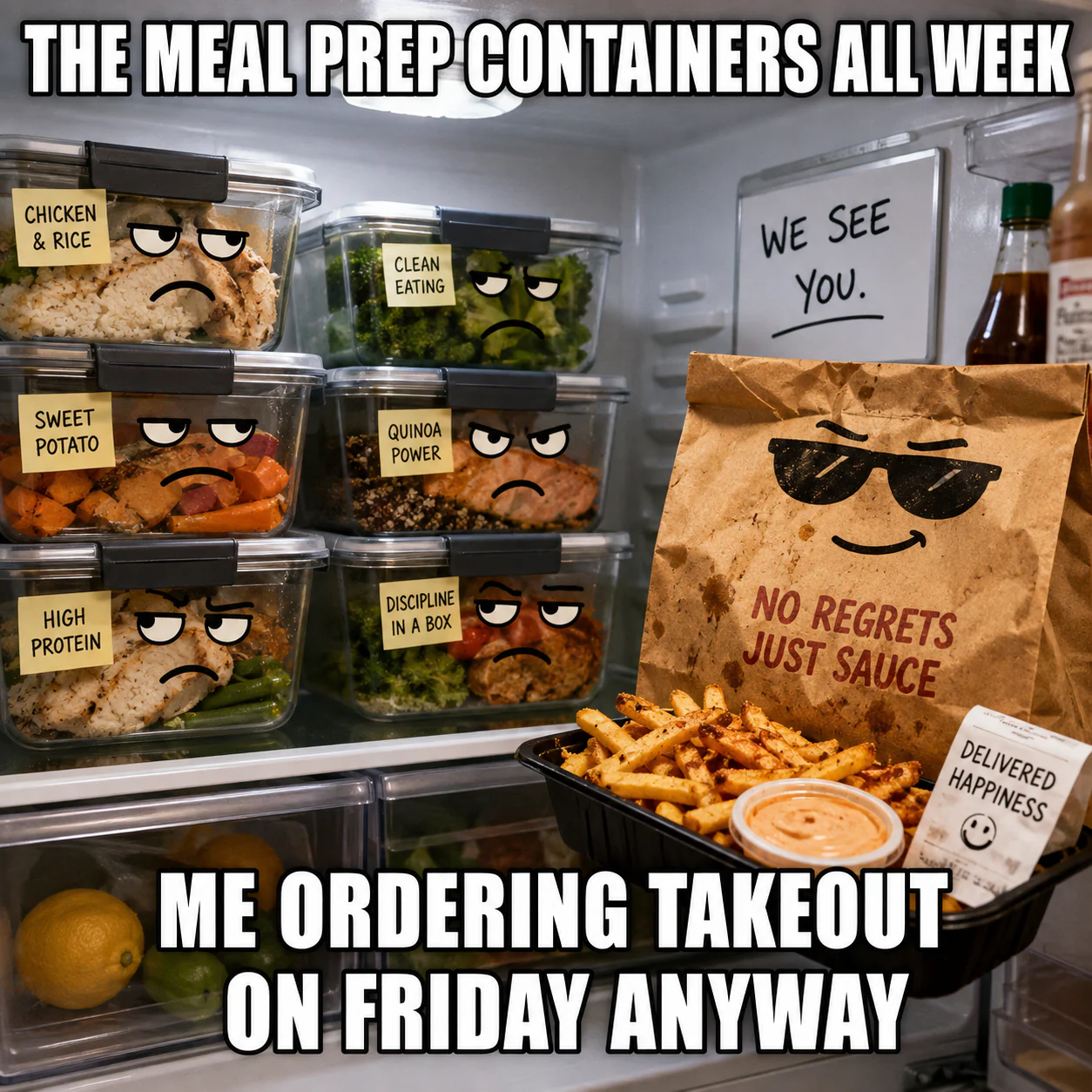Judgmental meal-prep containers stare at a cheerful takeout bag inside a refrigerator.