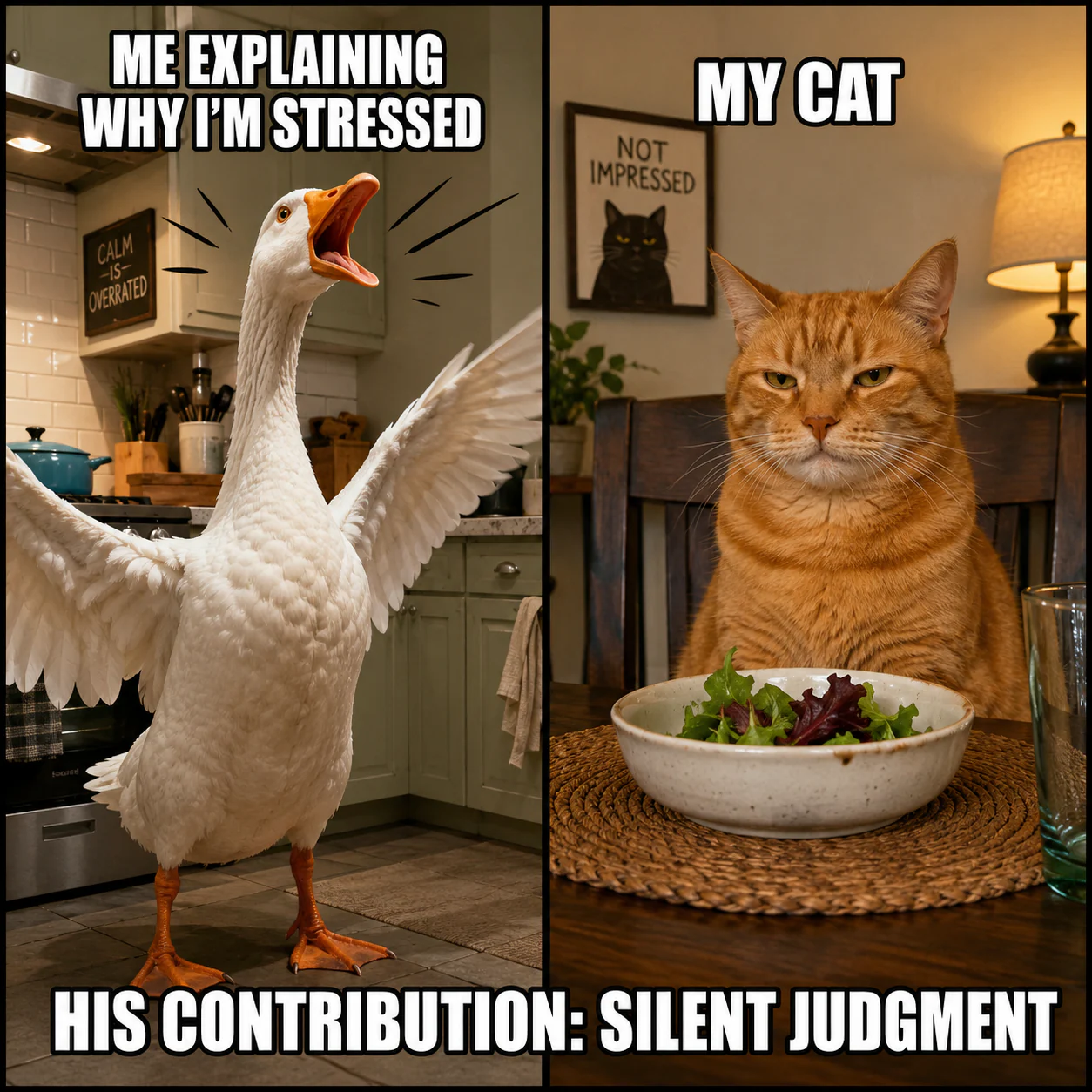 A shouting goose explains stress beside an unimpressed orange cat eating salad.