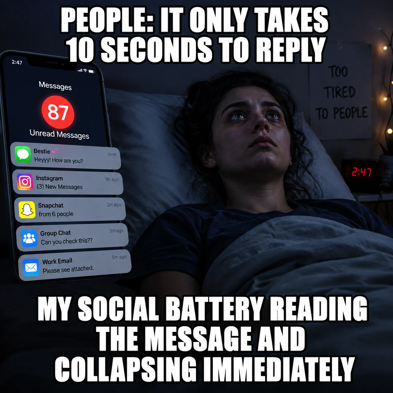 A tired woman lies awake beside a phone displaying 87 unread messages and multiple notifications.