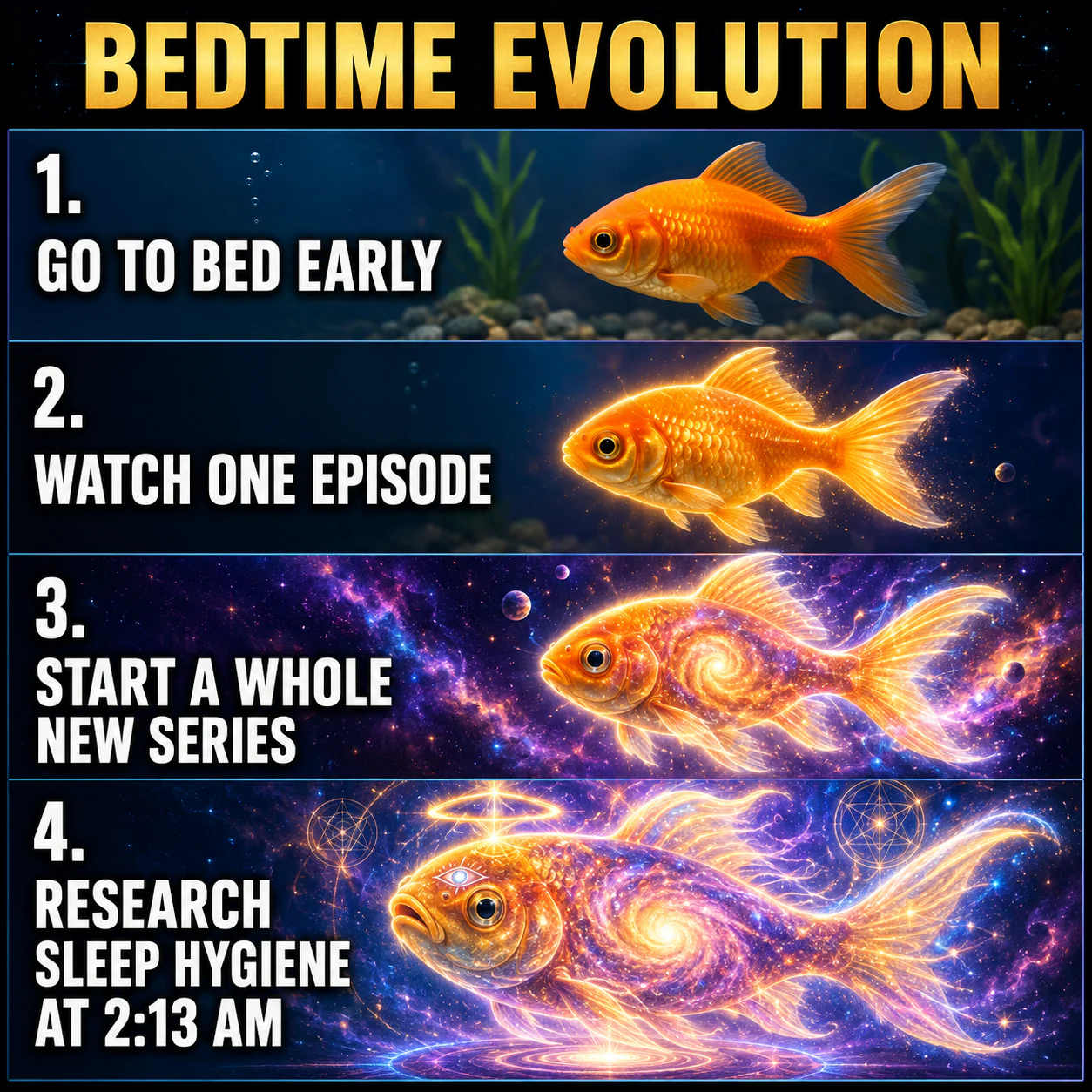 Four increasingly cosmic goldfish illustrate the evolution of a failed early bedtime.