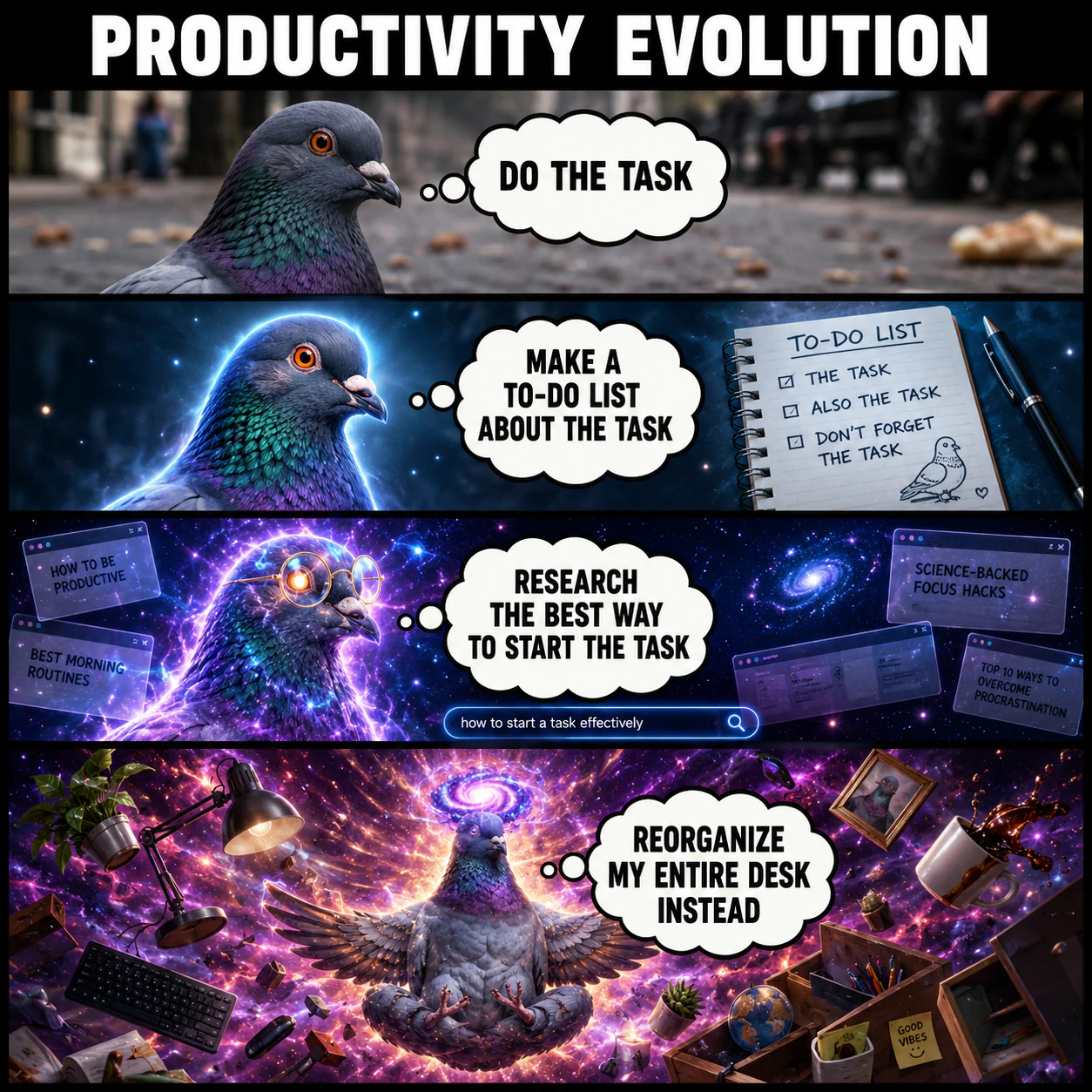 A four-stage cosmic pigeon evolves from doing a task to elaborate forms of avoiding it.
