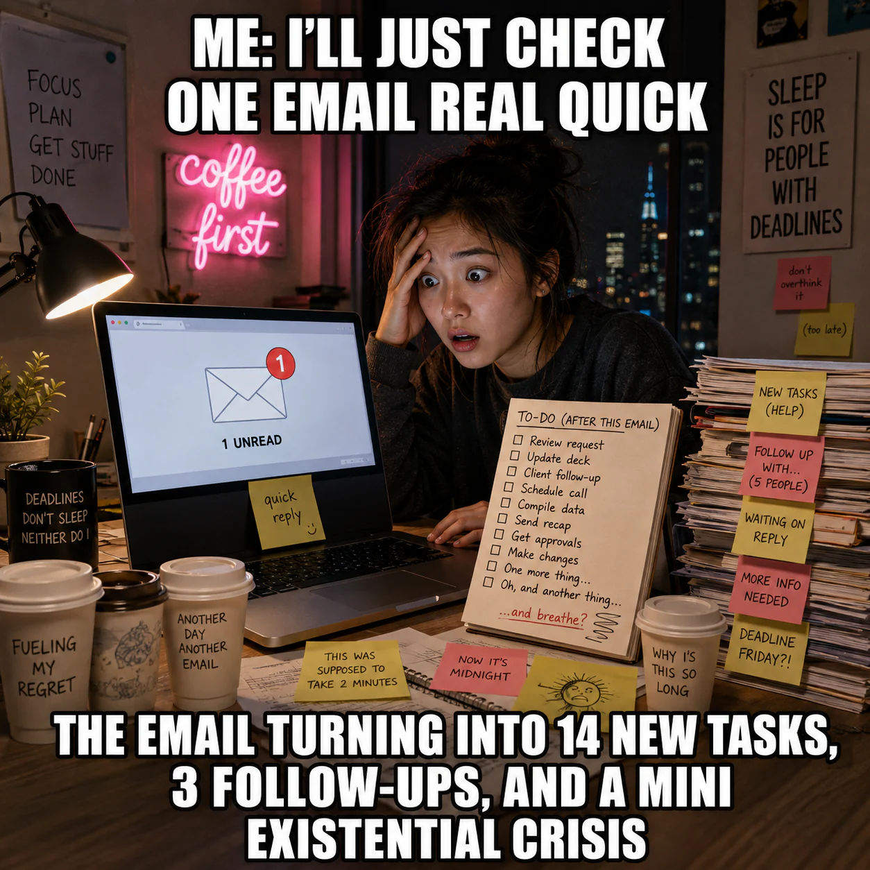 A woman opens one unread email at night and faces a notebook full of newly created tasks and follow-ups.