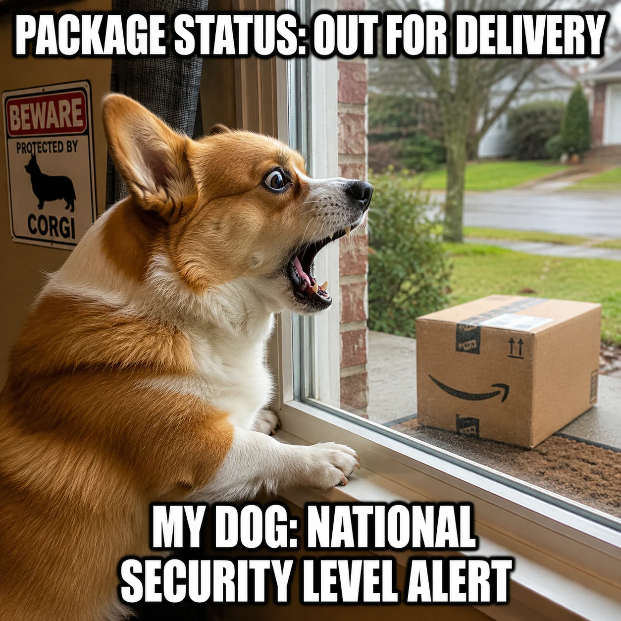 A barking corgi watches a parcel outside the window as if responding to a national security emergency.