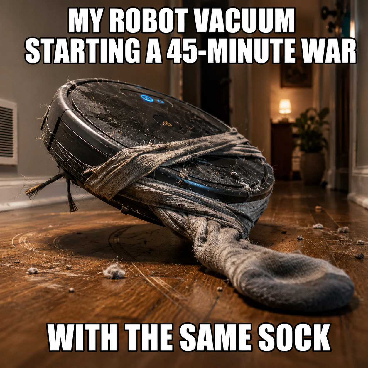 A battered robot vacuum is dramatically tangled in one sock on a wooden floor.
