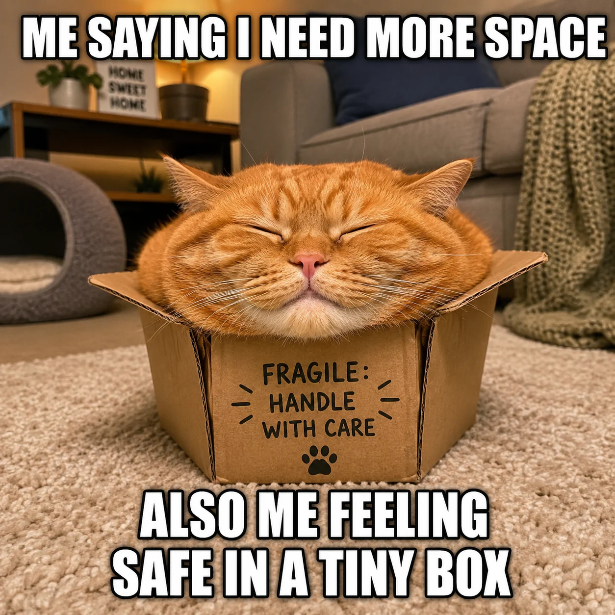 A content orange cat squeezes into a small cardboard box beneath text about wanting space but feeling safe in a tiny box.