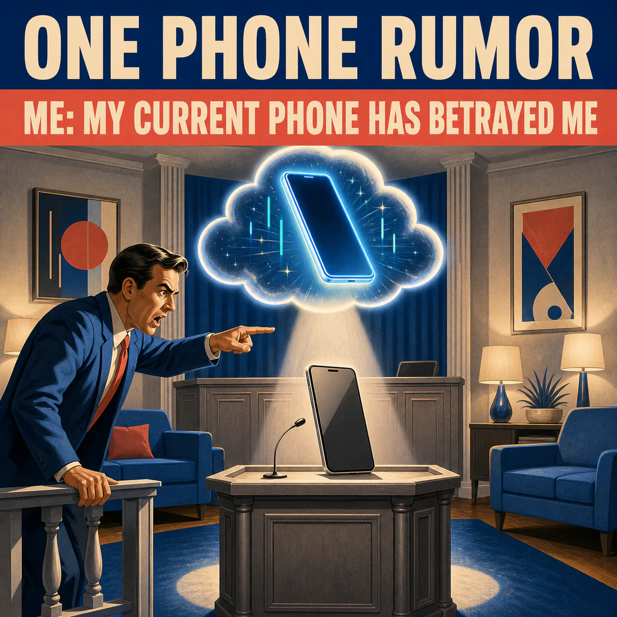 A retro courtroom cartoon shows a person accusing a plain smartphone on a witness stand while a glowing, abstract future-phone rumor cloud hovers overhead.
