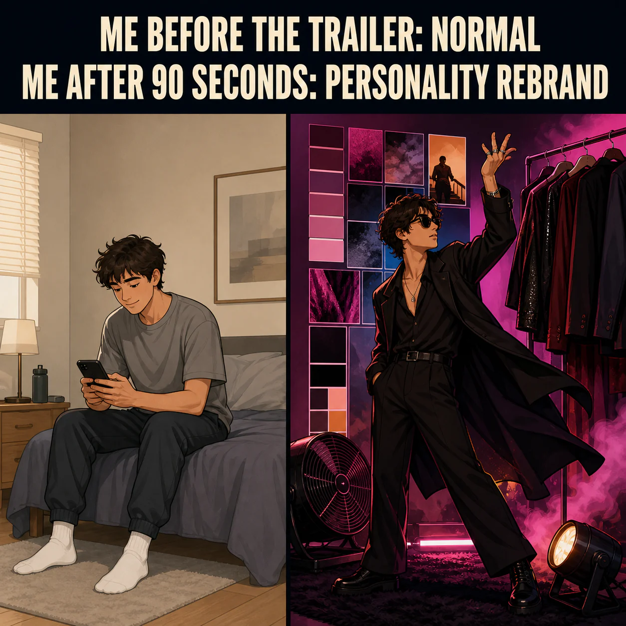 A before-and-after cartoon shows a casually dressed viewer in a plain bedroom, then the same person dramatically restyled beside a cinematic moodboard and wind machine.