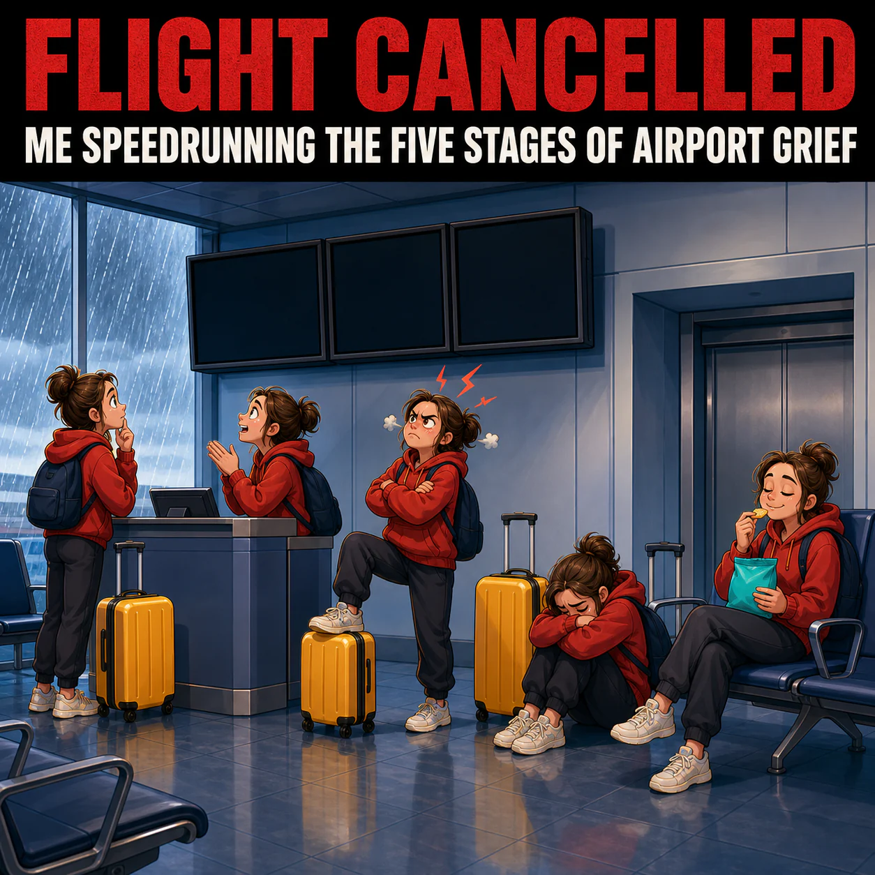 A cartoon airport scene repeats one traveler across five poses: denial, bargaining, anger, exhausted sadness, and peaceful snack-eating acceptance beside plain luggage.